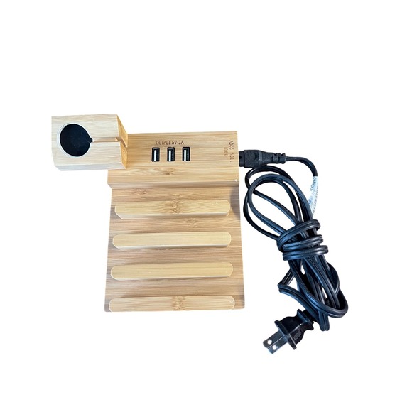 Bamboo Charging Station Dock Organizer Stand with 3 USB Ports‎ & watch port - Picture 1 of 1